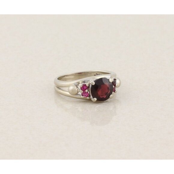 14k White Gold Natural Garnet And Lab Created Ruby Ring Size 6 1/4 - Picture 3 of 7